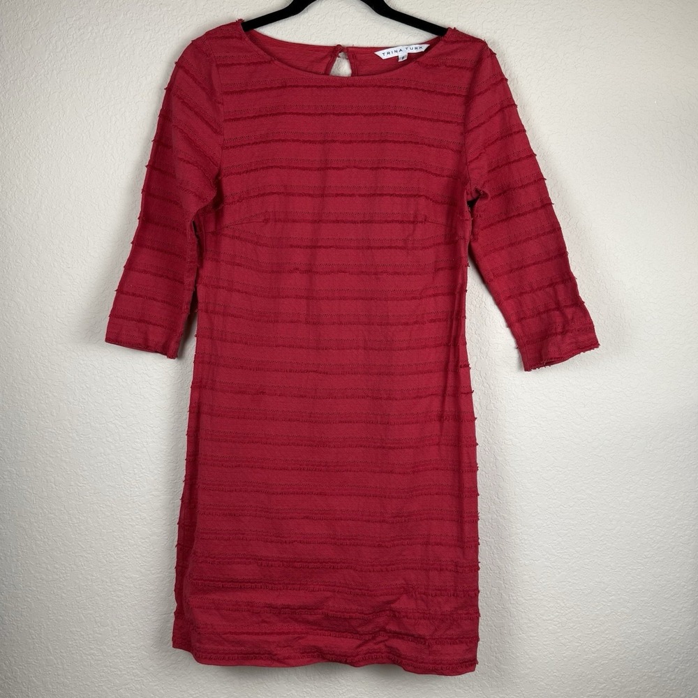 Trina Turk Shift Dress Women 8 Red Silk Lined Textured Fringe Stripe‎ Gatsby
